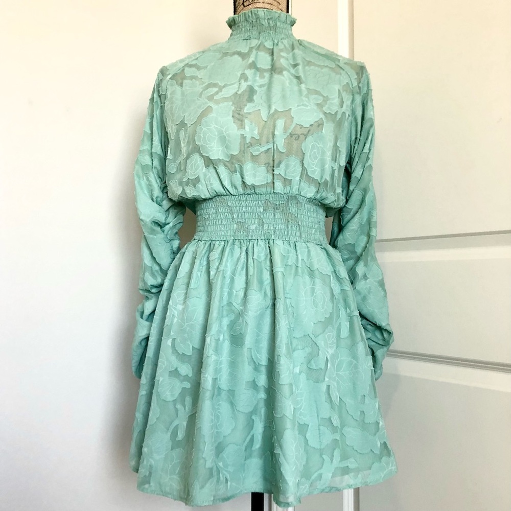 Semi Sheer Textured Ruched Smocked Mini Dress